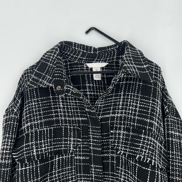 H&M Tweed Boucle Weave Textured Fringe Raw Hem Pocket Shirt Jacket - Picture 1 of 7